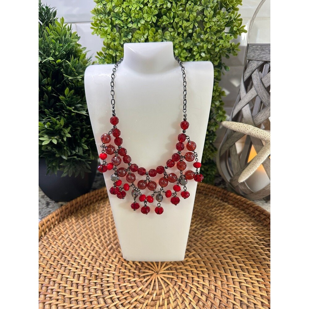 Necklace‎ of Gun Metal Silver Chain with  Red Beads, Statement Necklace